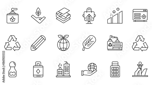 A collection of simple black and white line icons representing various eco-friendly concepts, with focus on nature, and sustainable actions