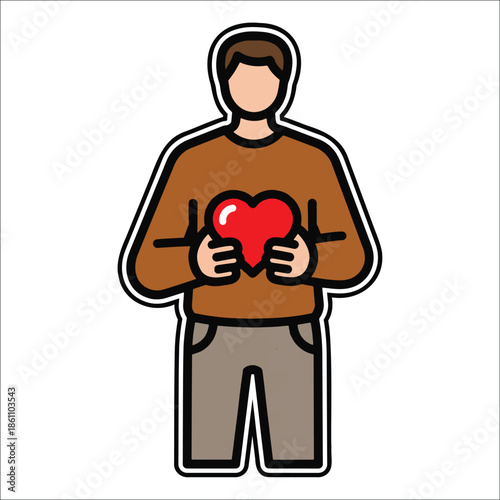 Title: A person wearing a brown shirt with a red heart symbol on it and holding the heart with