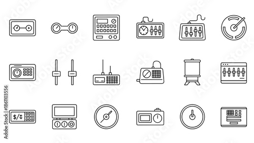 A collection of simple black and white line icons representing various electronic components and instruments, illustrating technical and digital tools