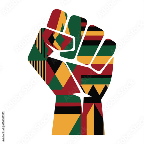 Title: Colorful raised fist symbol with red black and green stripes and yellow accents on a white