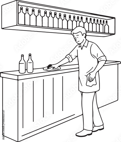 Bartender or Waiter Cleaning Bar Counter Surface Line Art Drawing
