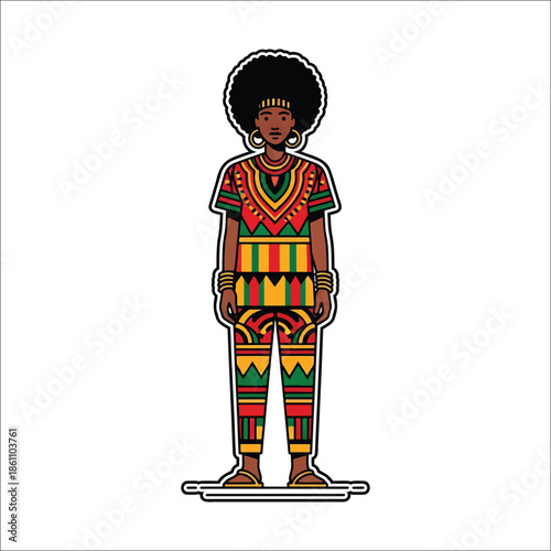Title: Stylized of a person with an afro hairstyle wearing colorful traditional clothing and