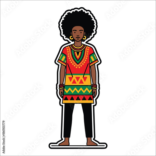 Title: Stylized of a person with an afro hairstyle wearing colorful traditional clothing and