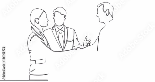 Self drawing line animation three office workers introducing and greeting continuous one single line drawn concept video
