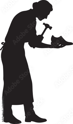 Shoemaker Repairing Shoe with Hammer Silhouette Icon Isolated on White