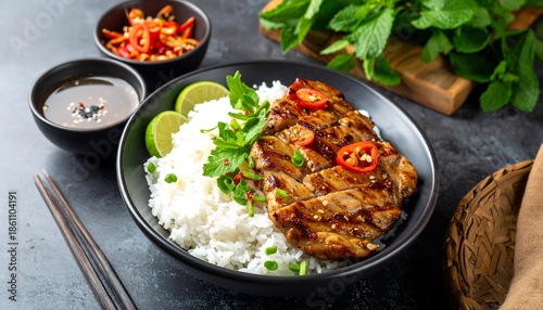 Delicious Vietnamese Broken Rice Dish with Grilled Pork Chop.