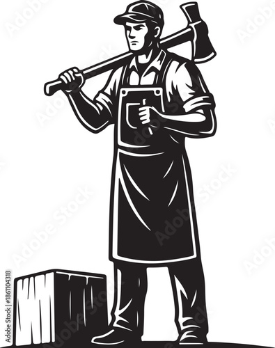 Vintage Woodcutter or Butcher with Ax and Apron Black and White Logo Mascot