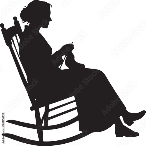 Vintage Silhouette of Woman Sitting and Knitting in a Rocking Chair