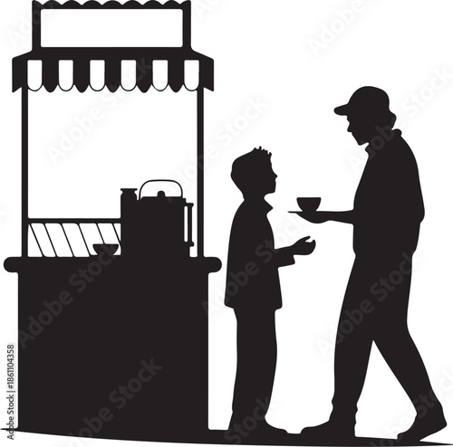 Street food vendor serving a child silhouette illustration