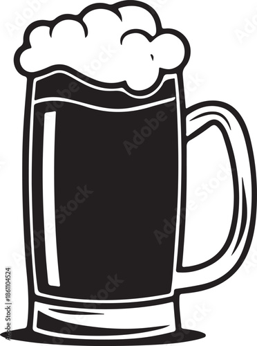 Black and White Beer Mug Icon Illustration. Stein with Foamy Head.