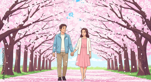 Young Couple Walking Hand in Hand.