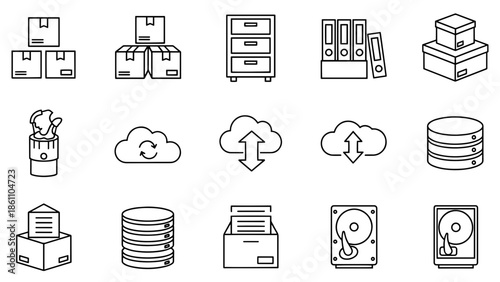 A collection of simple black and white line drawings representing various objects and icons related to data storage and processing