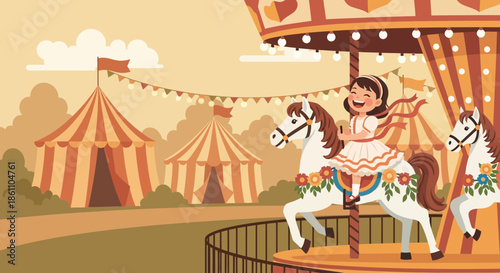 Young Girl Riding Carousel Horse at Circus.