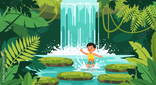 Boy playing in waterfall illustration.