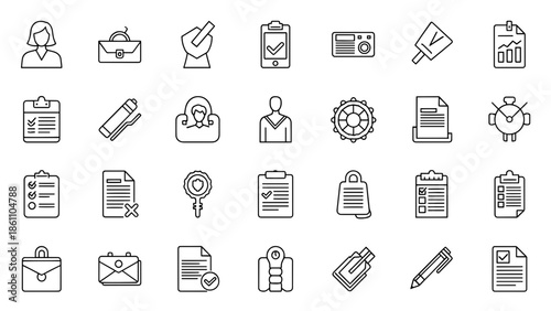 A collection of simple black and white line icons representing various business-related and administrative elements, such as documents, forms, and people
