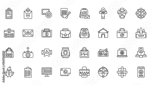 A collection of simple black and white line icons representing various business-related and lifestyle objects