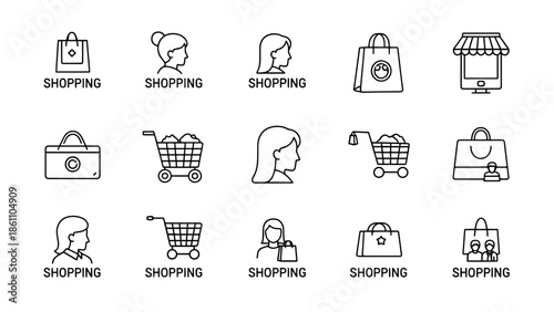 A collection of simple, black and white line drawings representing various shopping-related concepts and icons. Illustrations depict bags, carts, and shoppers