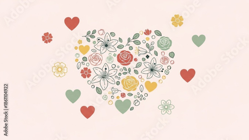 Floral heart shape with colorful flowers and hearts on white background