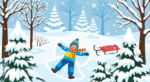 Child Sledding in Snowy Winter Landscape.