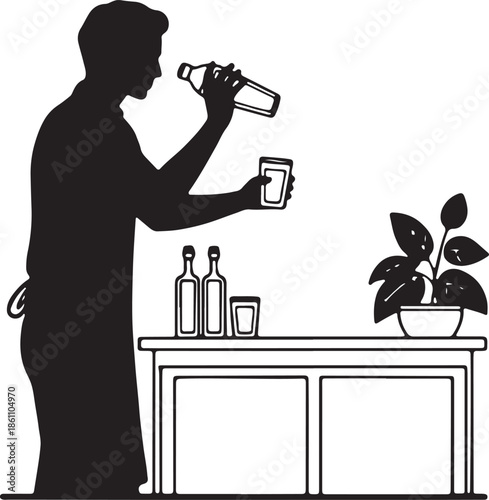 Black Silhouette of Bartender Mixing Cocktail at Bar Counter Illustration