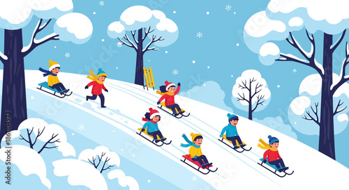 Children Sledding Down Snowy Hill Together.