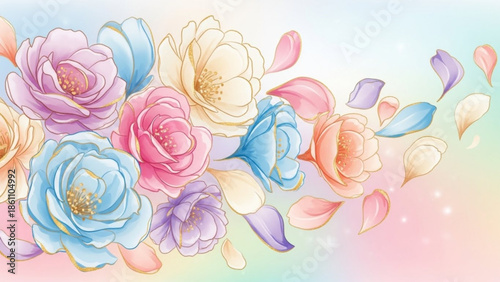 Soft pastel colored roses and petals on gradient background, delicate floral arrangement