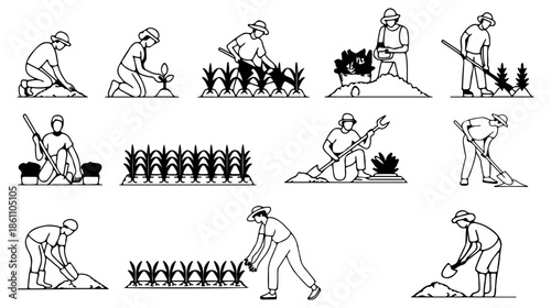 People engaged in various gardening and agricultural activities, from planting to harvesting