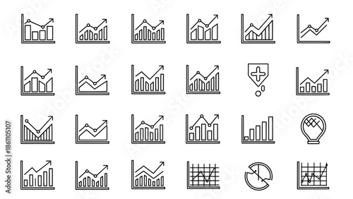 A collection of simple black and white line art icons depicting various types of graphs, charts, and diagrams, signifying data visualization