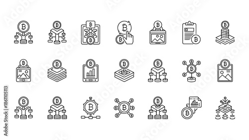 A collection of simple black and white line art icons featuring Bitcoin-related symbols and graphics for financial technology
