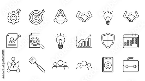 A collection of simple black and white line icons representing various business-related concepts and symbols, commonly used in design