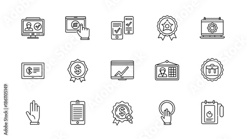 A collection of simple black and white line icons representing various business-related concepts and symbols. Each is clear