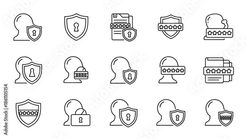 A collection of simple, black and white line art icons related to security, privacy, and protection, featuring shields, locks, and heads