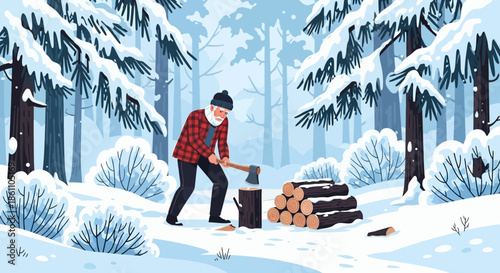 Man chopping wood in snowy forest.