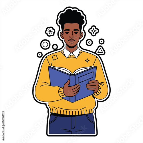 Title: A cartoon of a person reading a book with a yellow sweater and blue pants surrounded by