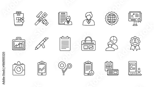 A collection of simple black and white line icons representing various business-related objects and concepts. Included are tools, devices and people