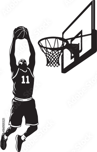 Dynamic Basketball Player Slam Dunking Ball Vector Black and White Graphic