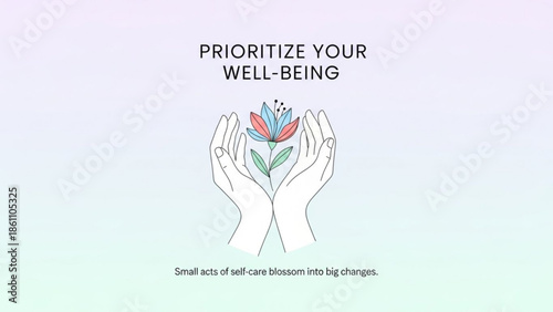 Hands holding blooming flower with petals, self care and wellness concept, pastel background