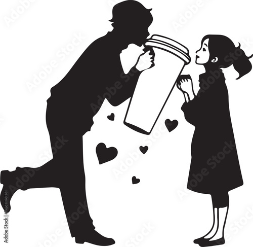 Romantic silhouette illustration of a couple sharing a giant coffee cup with hearts