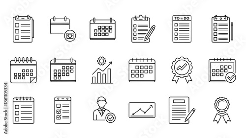 A collection of simple black and white line icons representing various business-related elements, tasks, and scheduling concepts