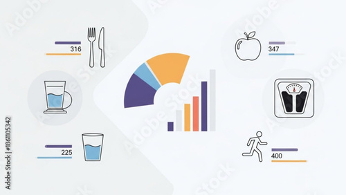 Infographic with pie chart and bar graph icons for food, exercise, and health statistics
