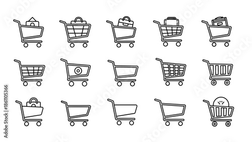 A collection of simple black and white line drawings showcasing various shopping cart designs, some loaded with items