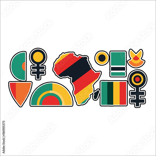 Title: African continent with colorful symbols and patterns on a white background