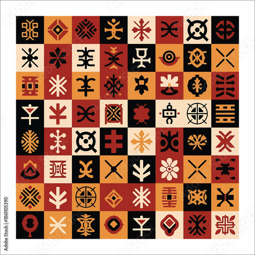 Title: A collection of various abstract symbols and patterns arranged in a grid with earthy tones