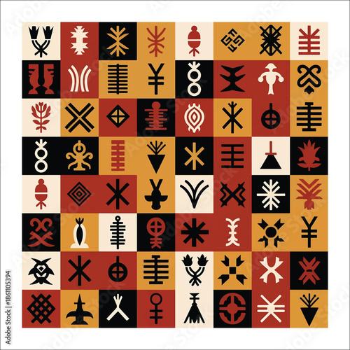 Title: A collection of various abstract symbols and patterns arranged in a grid with earthy tones