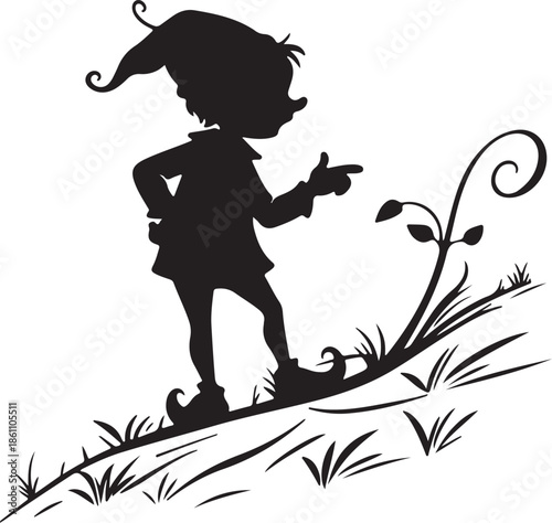 Black silhouette of a fairytale elf or gnome pointing at a stylized plant on grass