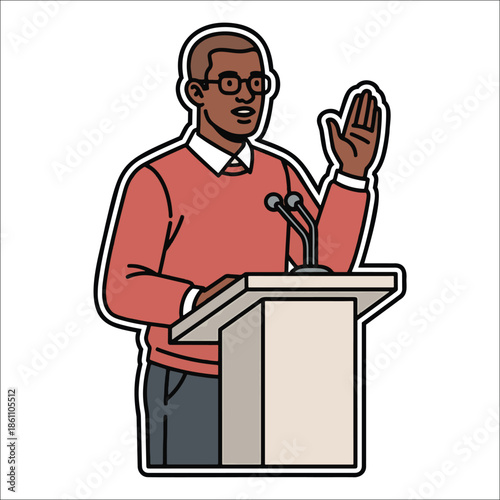 Title: Man speaking at a podium with a microphone wearing a red sweater and glasses