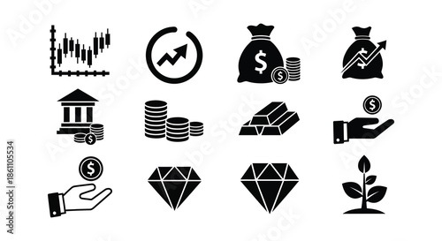 Illustrative financial icons depicting growth wealth currency and investment opportunities a black silhouette