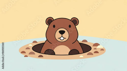 Cartoon bear emerging from a hole in the ground with a friendly expression, brown and beige