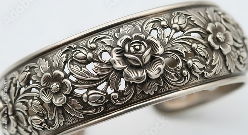 Intricate Floral Sterling Silver Cuff Bracelet with Rose Motifs.