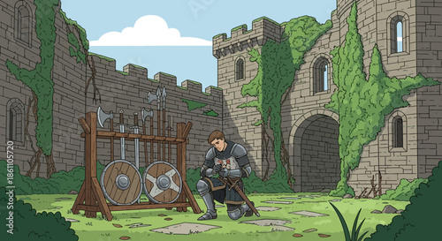 Medieval Knight Standing Near Guillotine.